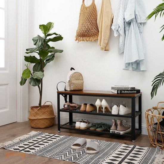 Goliving Schoenenrek – Schoenenbank – Halbank – Industrieel – 30 x 80 x 45 cm – Metaal – Bruin Hout