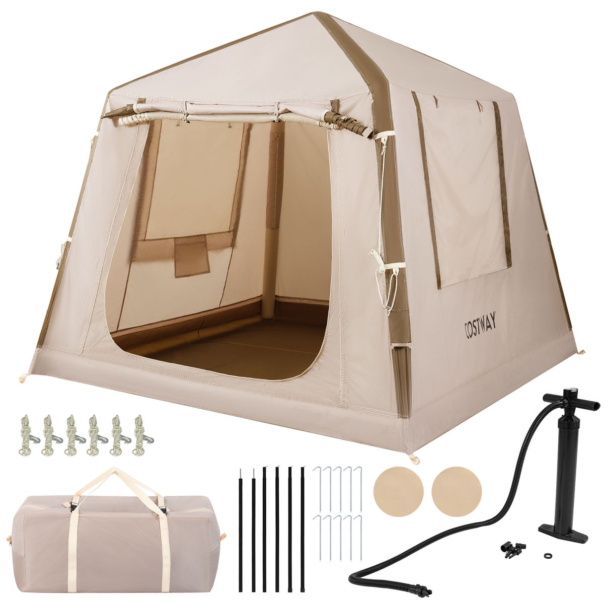 Coast Opblaasbare Campingtent - 2 tot 4 personen - Inclusief pomp en draagtas - Khaki - 210 x 210 x 180 cm