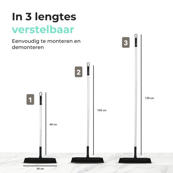 CLEANLY Vloertrekker met Steel 130 cm - Vloerwisser Badkamer en Trekker Douche - Douchewisser - Watertrekker - Breedte 34 cm - Zwart, Grijs