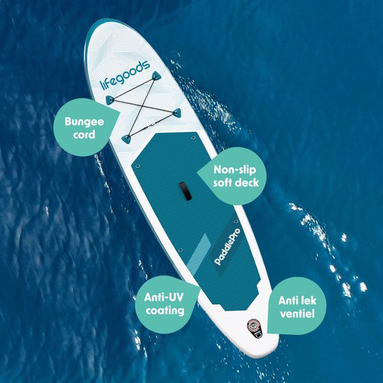 LifeGoods SUP Board Allround Compact - Met Zitje - 100 KG Draagkracht - 300 x 76 cm - Opblaasbaar - Compleet SUP pakket - Deep Aqua