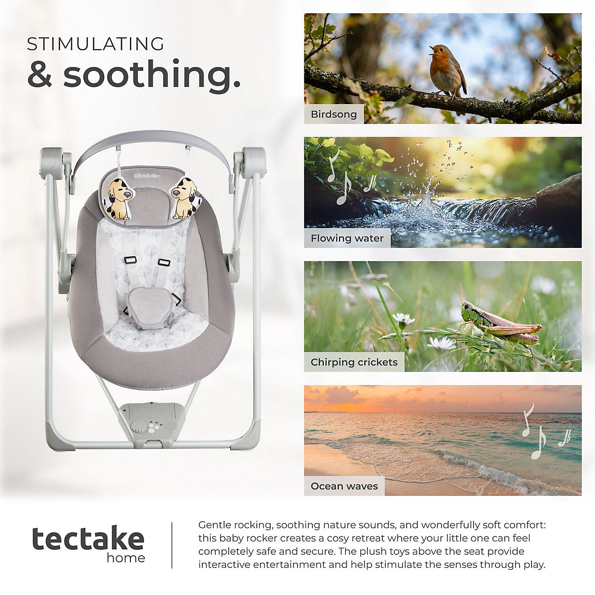 Tectake Babyschommel 75,5 x 56 x 68 cm - 5 Snelheden/Timer - 4 Geluiden - Lichtgrijs