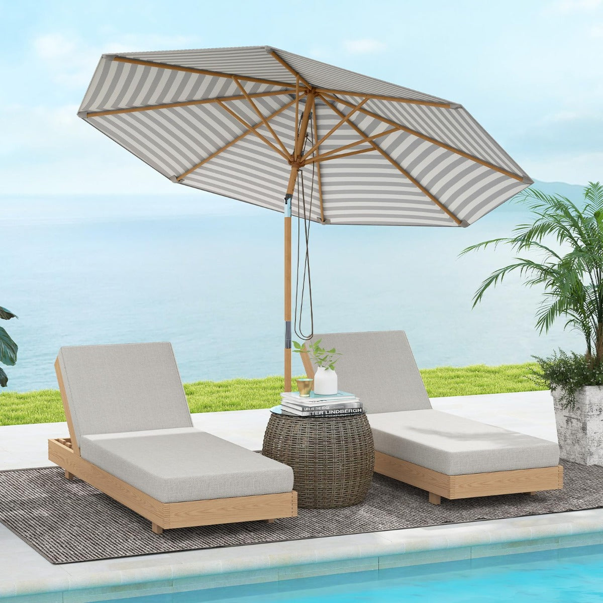 Coast houten parasol 270 cm - blauw/wit gestreept