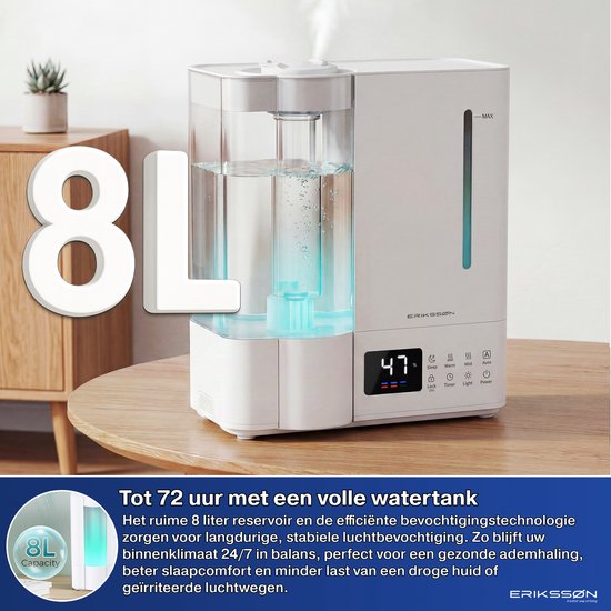 Erikssøn Luchtbevochtiger Elite - 8 Liter - Geschikt voor Woonkamer, Kantoor, Slaapkamer, Babykamer - Humidifier - Met Aromatherapie - Wit