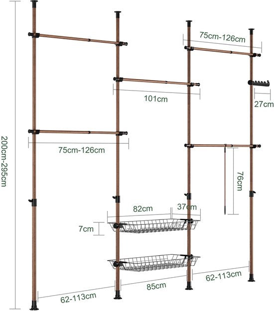 SoBuy Telescopisch Kledingrek - Verstelbare Open Garderobekast met Kledingstangen en Planken - Bruin, B(209–311) x H(200–295) cm, KLS04-II-BR, voor Slaapkamer, Inloopkast