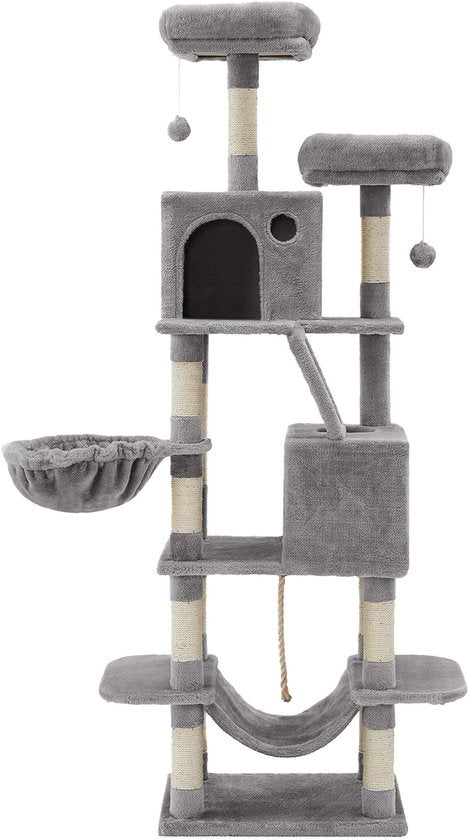 FEANDREA Krabpaal 168 cm – 5 Niveaus – 2 Huisjes, Hangmat & Sisalpalen – Lichtgrijs