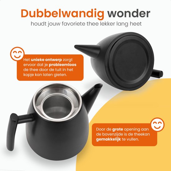 Goliving Theekan met Filter - 1 Liter - Theepot - Dubbelwandig - RVS - Thee Infuser - Mat - Zwart