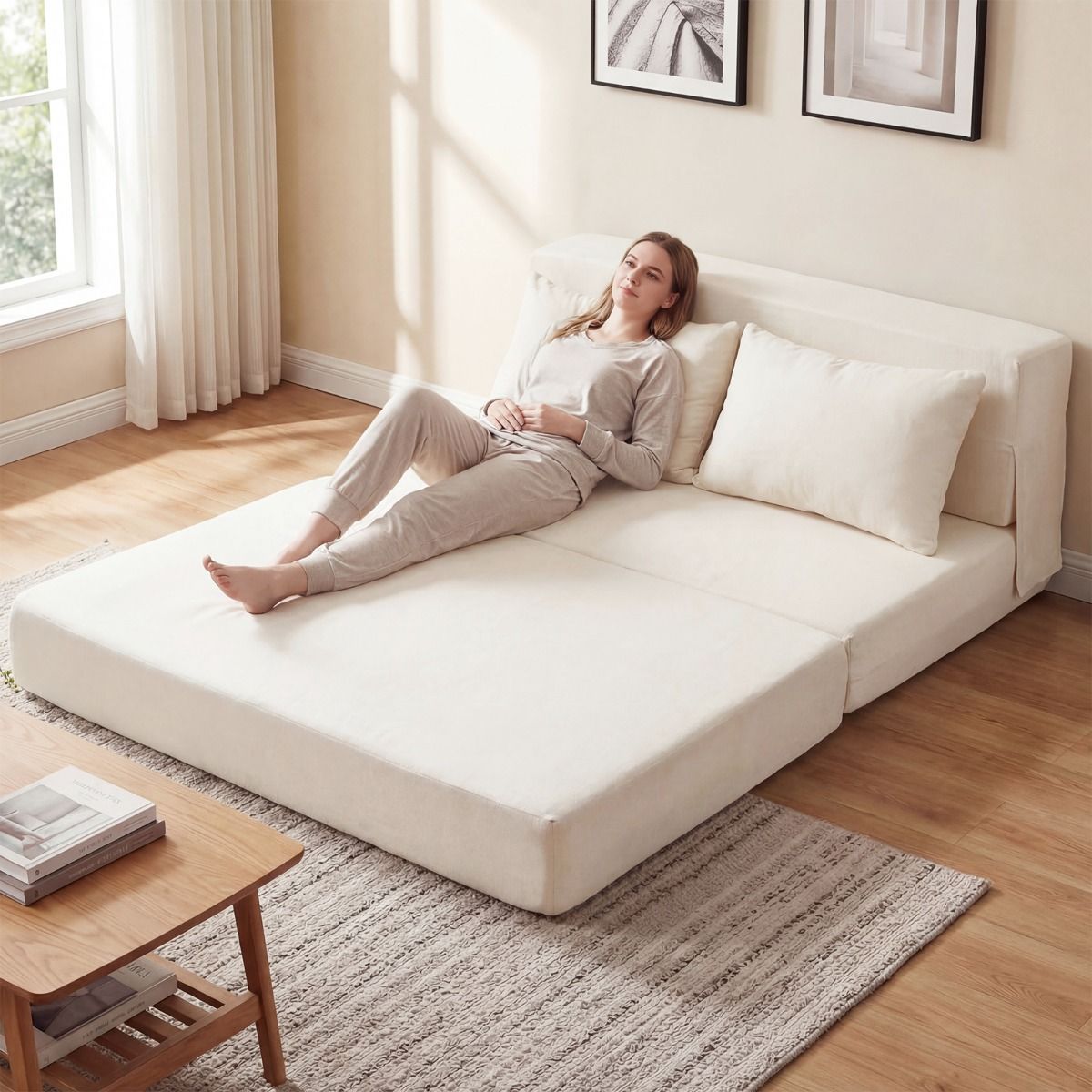 Coast Slaapbank 3-in-1 - opvouwbare ligstoel - chenille bekleding - beige/grijs