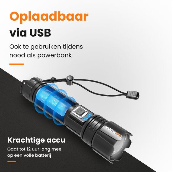 Veltrion Zaklamp LED Oplaadbaar - Gratis Accessoires - Militaire Zaklamp - 6000 Lumen - 26650 Batterij - 5 Standen - Powerbank Functie - Zaklamp op Batterijen - Noodpakket