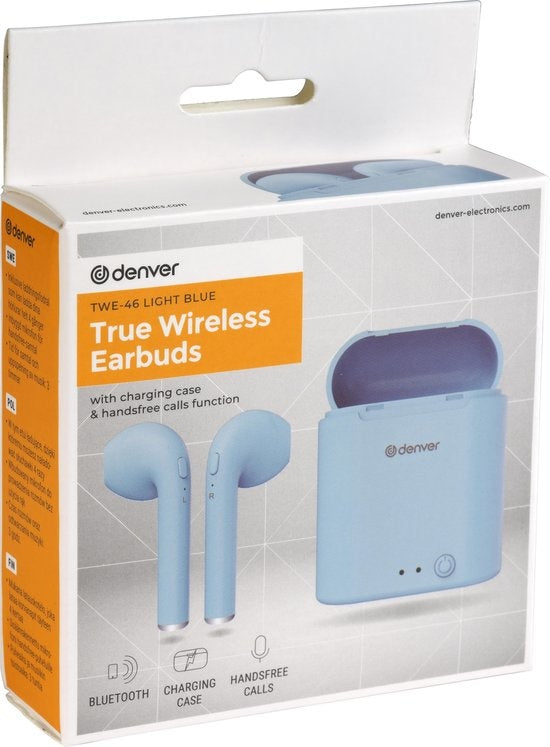 Denver TWE-46 - Earbuds - Wireless - Draadloos Oordopjes - Bluetooth - met oplaad case - handsfree - sporten - headset - In-ear - Bluetooth 5.0 - Licht blauw