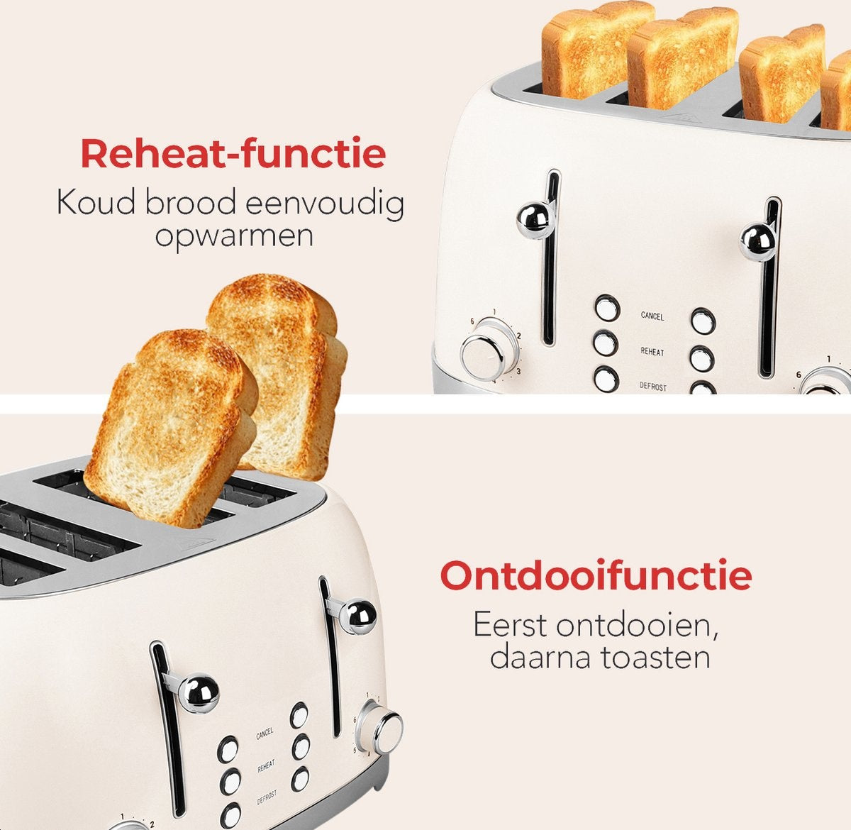 KitchenBrothers Retro Broodrooster - Toaster - 6 Warmteniveaus - 4 Extra Brede Sleuven - 1630W - Beige
