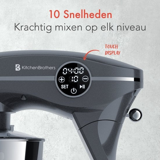 KitchenBrothers Keukenmachine - Touch Display en Timer - Keukenrobot - 6L - 1800W - Aluminium - Antraciet