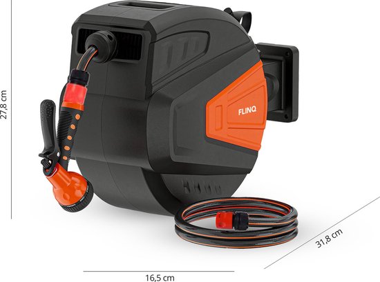 FlinQ Tuinslanghaspel 10 meter - Slanghaspel Automatisch - 180° draaibare Muurhaspel - Wandslangenbox met Tuinslang, Haspel en Sproeikop - 9 Sproeistanden