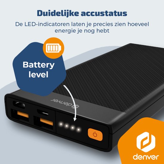 Denver Powerbank - 10000mAh - 22.5W Snelladen - Led Indicatie - Noodpakket - PQC10008