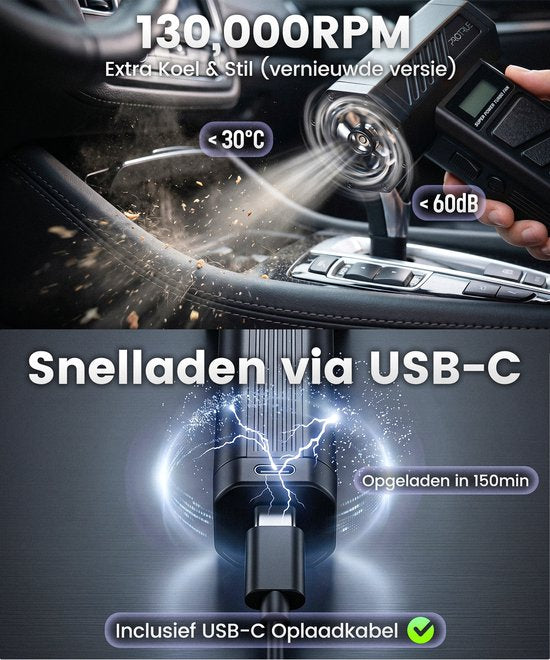 Kruimeldief Snoerloos met Air Duster 130.000 RPM - Auto Stofzuiger Draadloos - Kruimelzuiger - Handstofzuiger - Luchtblazer op accu - Perslucht - Turbo Fan