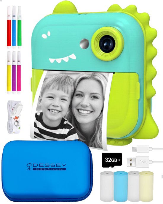 ODESSEY Kindercamera met Printer - Full HD - Selfiecamera - 32GB SD Kaart - Foto - Video - Spelletjes - Digitale Camera Kinderen - Fototoestel voor kinderen - Dino