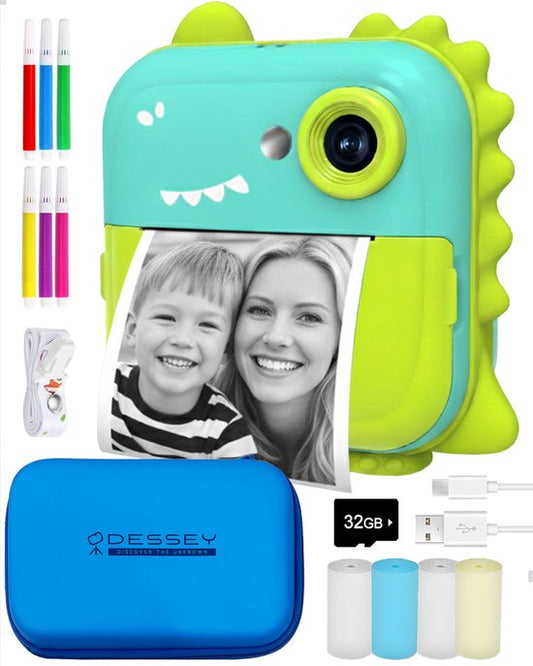 ODESSEY Kindercamera met Printer - Full HD - Selfiecamera - 32GB SD Kaart - Foto - Video - Spelletjes - Digitale Camera Kinderen - Fototoestel voor kinderen - Dino