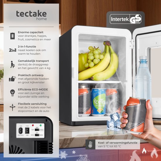 tectake® Mini-Autokoelkast - Draagbare minibar 14L - 2-in-1-functie: koelen en verwarmen - 5 tm 65 °C - Mini Koelkast - Elektrische Koelbox - 12v + 220/240v Aansluiting - Draagbare Campingkoelkast
