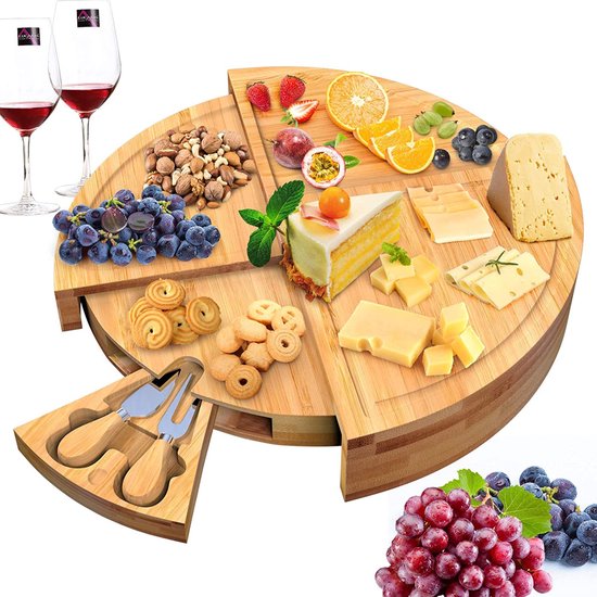 Villux Tapasplank - Borrelplank - Serveerplank - Kaasplank - Hapjesplank - Inclusief Kaasmesjes - Taspasplank Bamboe - Borrelplank Rond - Inclusief Ebook - ø 38 cm