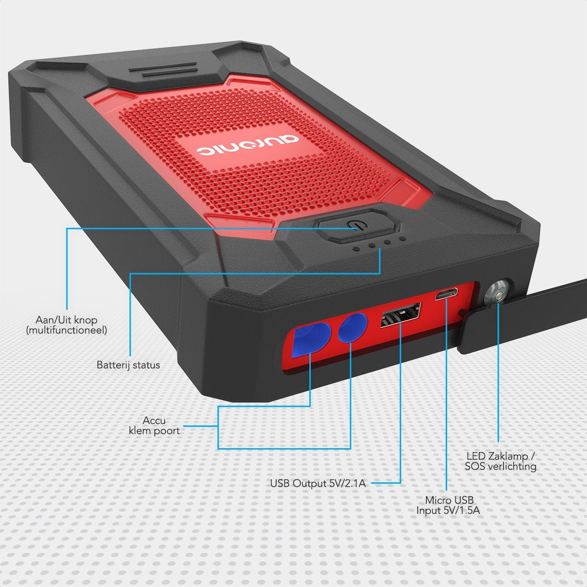 Auronic 12V Jumpstarter voor Auto u2013 600A / 7.200 mAh u2013 4-in-1 starthulp u2013 Incl. tas - Rood/Zwart
