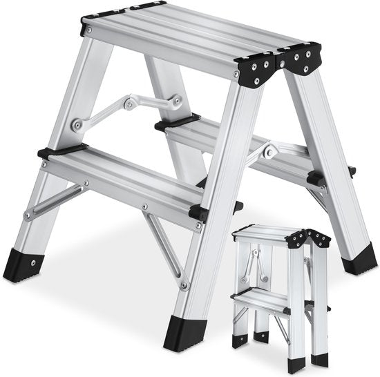tectake® Dubbelzijdige Aluminium Keukentrap - 2 Treden - 38,5 cm - Stevige Trap Ladder - Opklapbaar Opstapje - Antislip Huishoudtrap