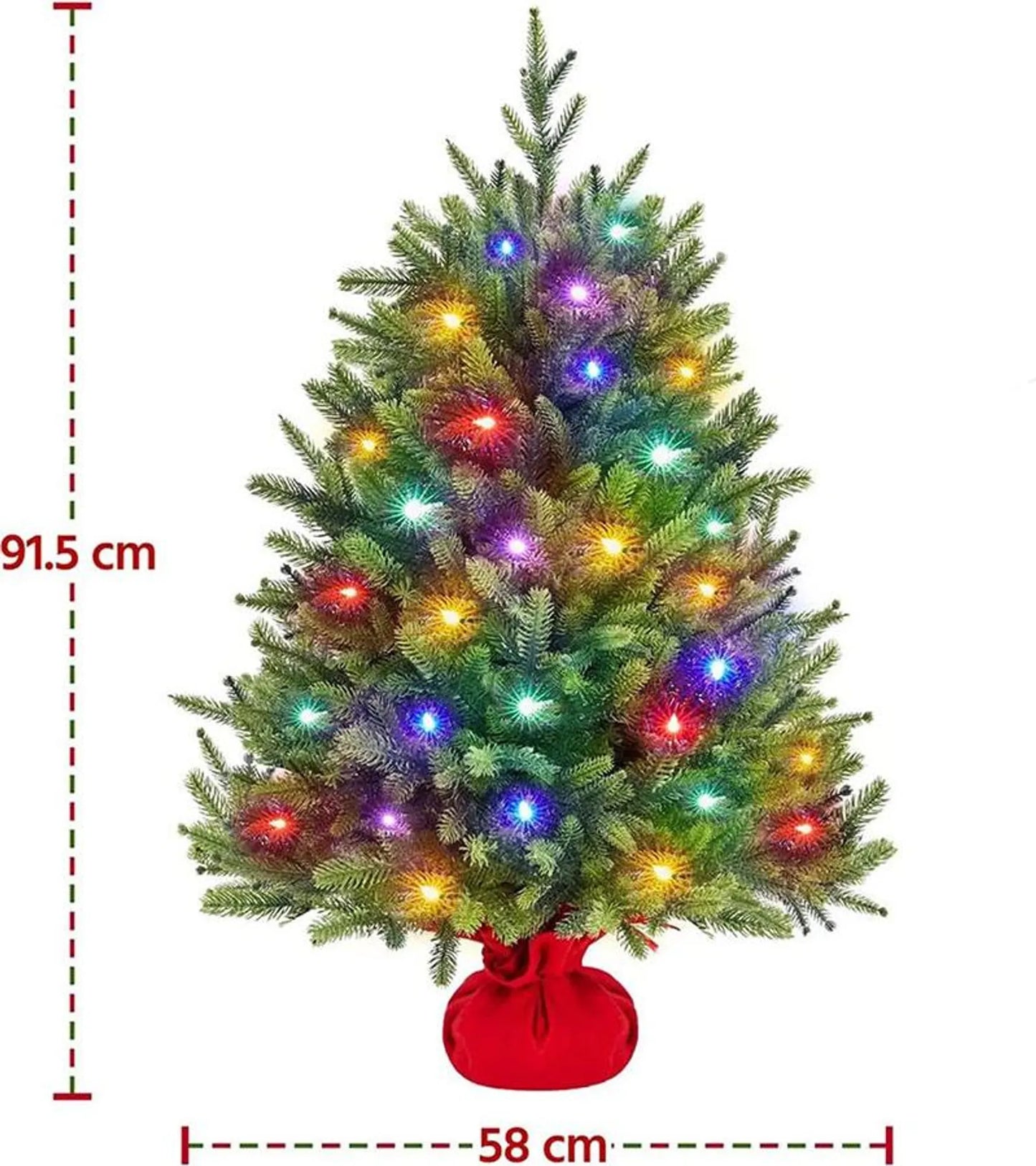 Yaheetech Kunstkerstboom Inclusief 50 Gekleurde Led-verlichting – Voorzien Van 143 Takpunten En 8 Lichtmodi En Cementen Basis – Voor Vensterbank En Tafel – Groen Pvc En Beton – 58 x 58 x 91,5 cm