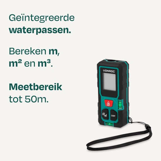 VONROC Laser Afstandsmeter – 50 meter bereik – Zeer compact formaat – meet afstand, oppervlakte, volume, Pythagorisch – Incl. handige rekenfuncties – Incl. batterijen