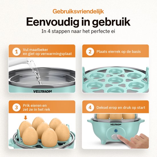 Veltrion Elektrische Eierkoker - Kook tot 7 Eieren - Koken, Pocheren, Roerei & Omelet - Incl. Timer en Slimme Maatbeker - Vaatwasserbestendig - Blauw
