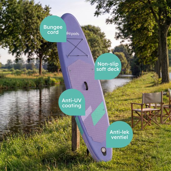 LifeGoods SUP Board Allround Compact - met Zitje - 100 KG Draagkracht - 300 x 76 cm - Opblaasbaar - Compleet SUP pakket - Paars