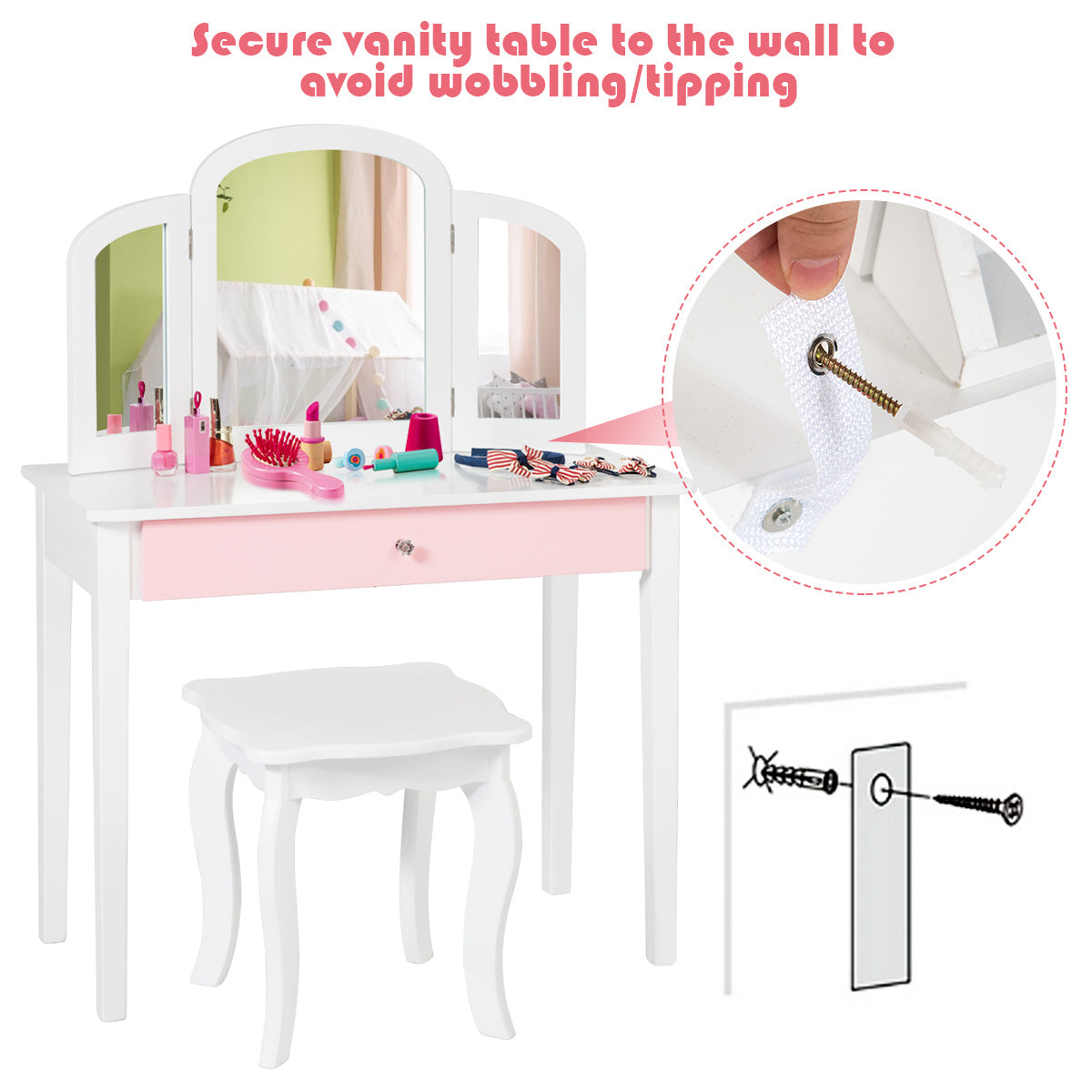 Coast Opmaaktafel - Kaptafel/Make up Tafel Met Spiegel en Krukje - 70 x 34 x 95,5 cm - Wit