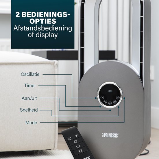 Bladloze Ventilator – 45 W – Oscillerend – Timer 15 U – LED Display – Afstandsbediening – Stil & Krachtig – Princess 351500 – Wit