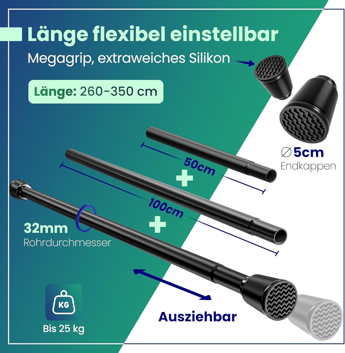 LOBUX Gordijnroede zonder boren – Telescopisch – 260 – 350 cm – Zwart