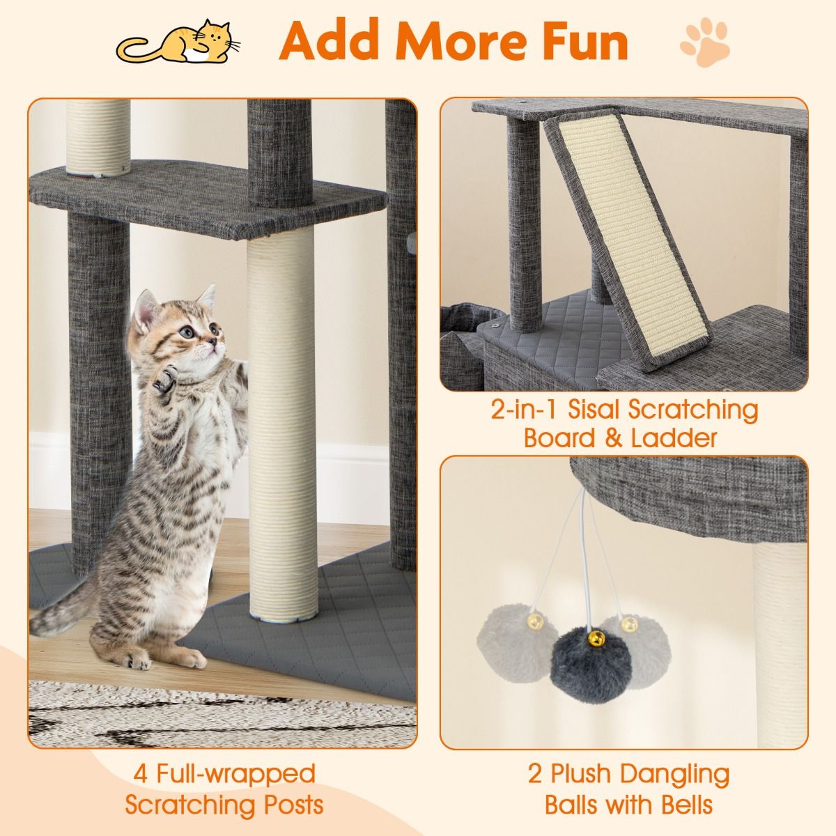 Coast Krabpaal Kattenboom - 2 kattenhuisjes - speelplatforms en kattenbed - grijs - 180 cm