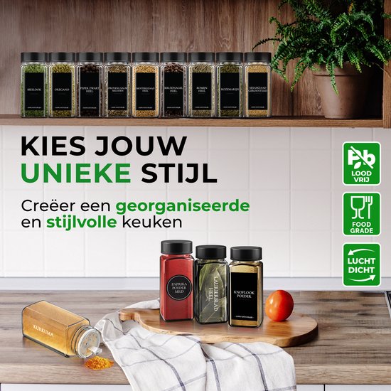 Soothe 48 Glazen Kruidenpotjes Vierkant met Zwarte Deksel – 2 Soorten Strooideksels – Kruidenstrooier – Spice Jars – Complete Set incl Kruiden Stickers, Krijtstift en Accessoires – 120ml
