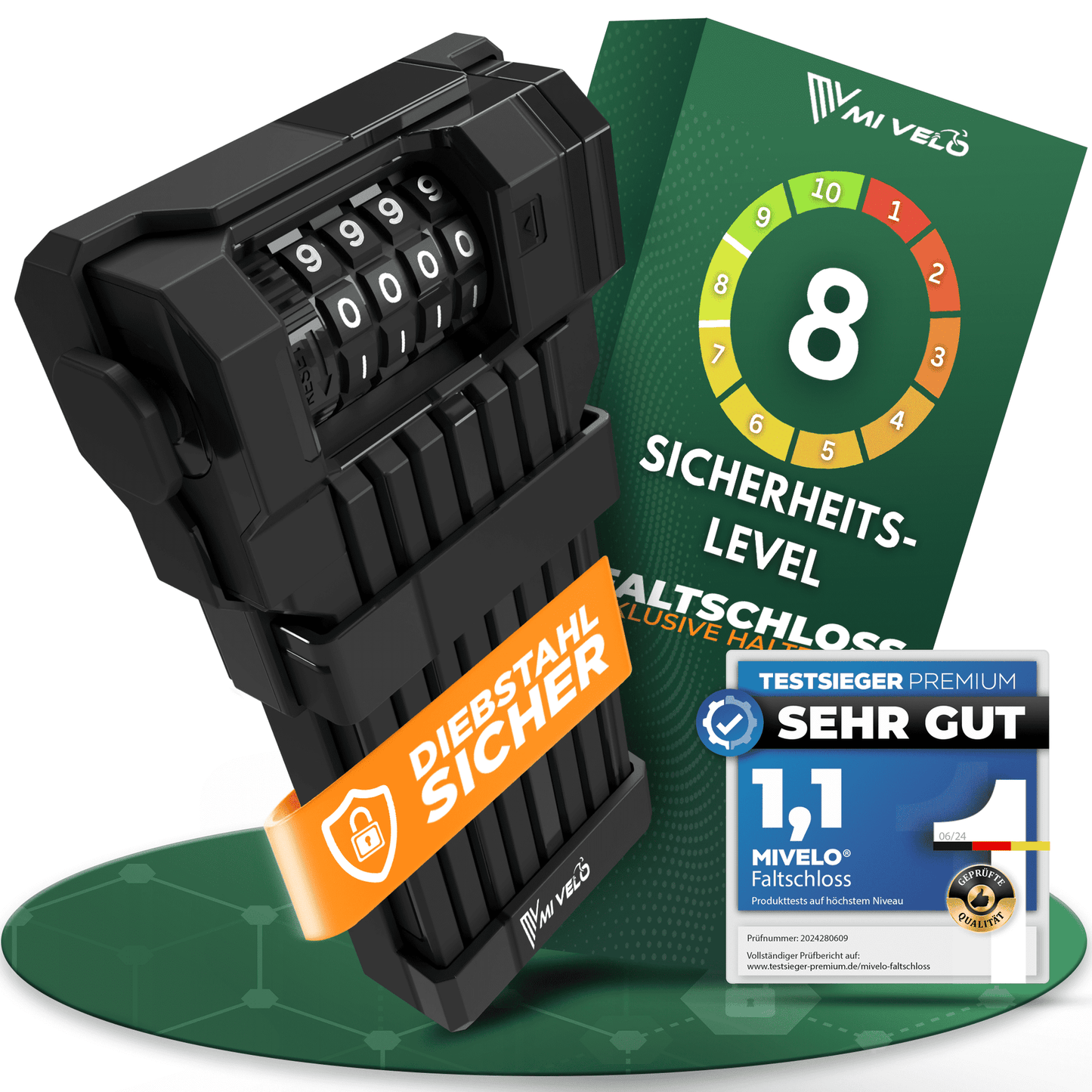MIVELO - Vouwslot Met Combinatiecode - 85 cm Lang - Beveiligingsniveau 08/10 - Koolstofstaal - Zwart