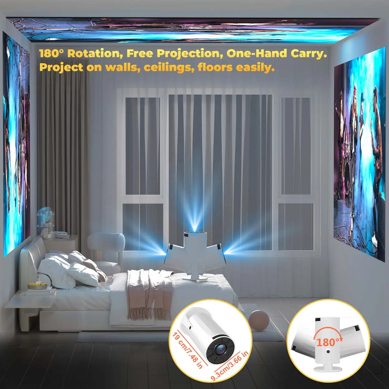 XBJ Draagbare Mini Beamer - Blauw - Android 11 - WiFi 6 & Bluetooth 5.2 - 200 ANSI - 180° Draaibaar - Beeld 40 tot 200 Inch - 14 x 11,9 x 21,8 cm