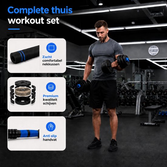 Sportfloww Dumbbells 28.5 KG – Halterset - Gewichten Set met Kettlebell, Barbell, EZ curl bar & AB roller – Verstelbare dumbells