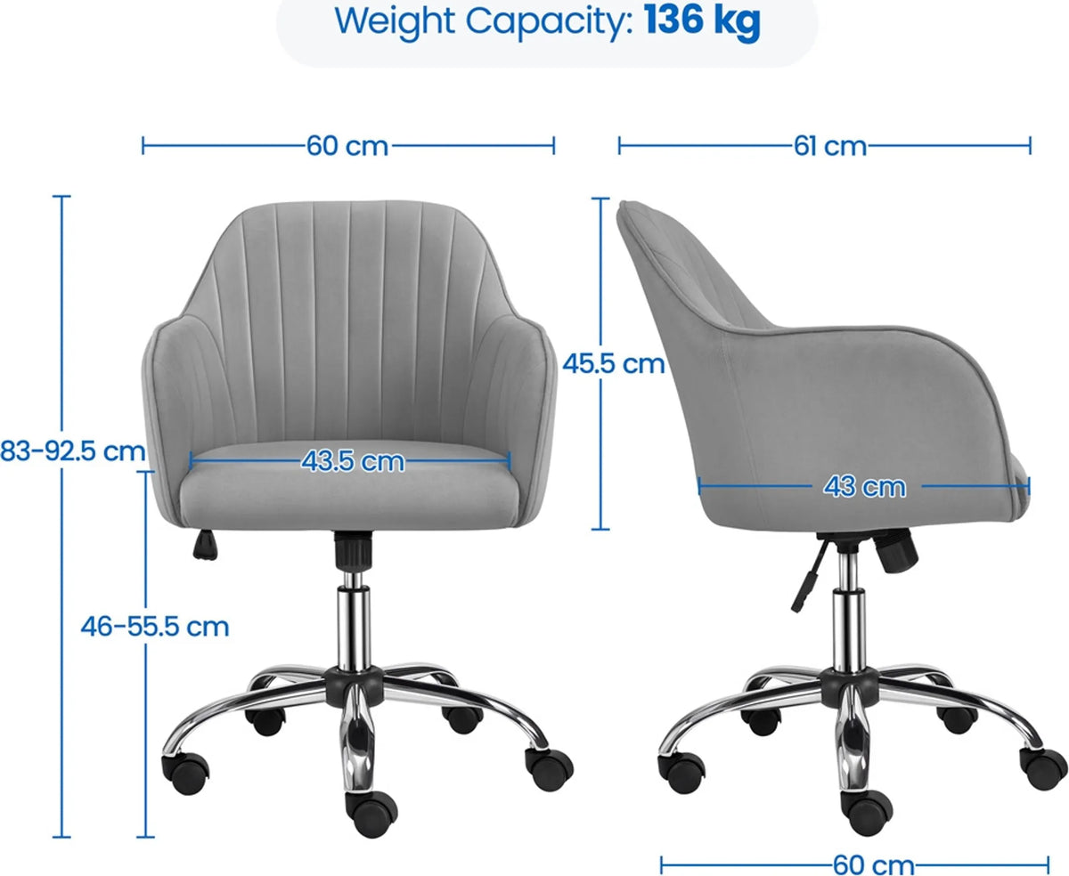Yaheetech Bureaustoel Ergonomisch – Voorzien Van Luxe Fluwelen Bekleding En In Hoogte Verstelbare Gaslift En 360° Draaibare Nylon Wielen – Voor Kantoor En Studeerkamer – Lichtgrijs Metaal – 60 x 61 x 83-92,5 cm