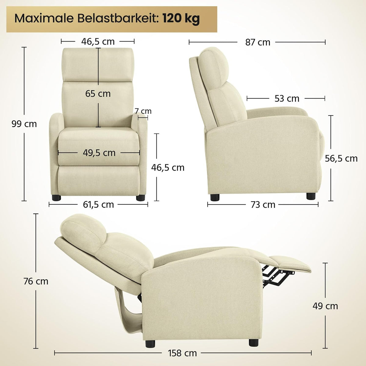 Yaheetech Relaxstoel TV Stoel - 87 x 61,5 x 99 cm - Verstelbare Voetsteun - Beige