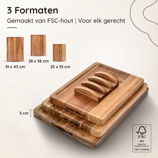 Deleca 3x Snijplankenset Culina - Dikte 3 cm - Snijplanken (33x25 / 38x28 / 43x30 cm) - Met Houder - Voor Keuken, Serveerplank, Kaasplank, Borrelplank, Snijplank en Tapasplank - Acacia Hout