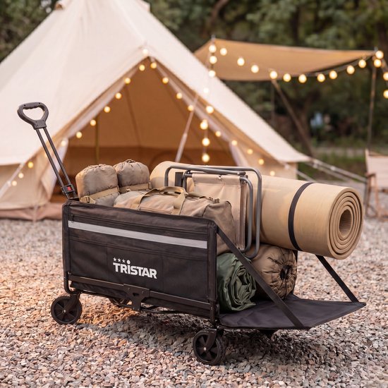 Tristar Bolderkar Opvouwbaar – 120 L – 100 kg Draagvermogen – Staal – Zwenkwielen – Inklapbare Bolderwagen Met Laadklep - Incl. Waterdichte Hoes - Compact - Festival - HC‑0917