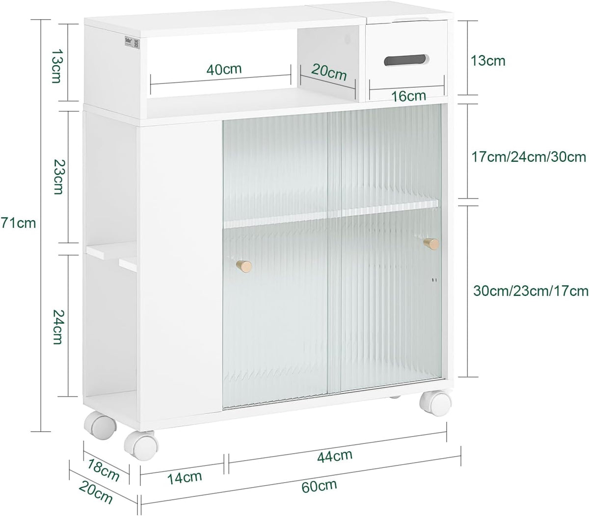 SoBuy Badkamer opbergkast op wieltjes met 2 deuren - 60x20x71 cm - Max. 45KG - Wit