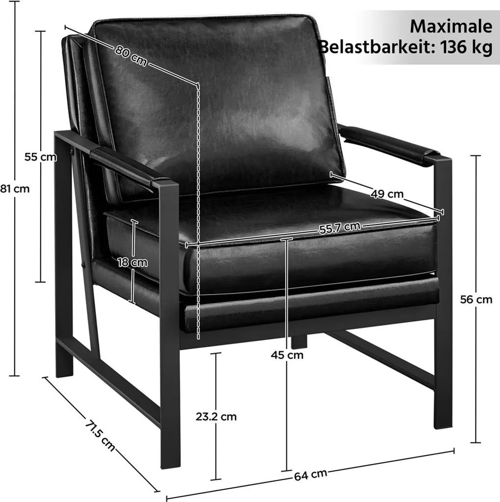 Yaheetech Retro Relaxfauteuil Kunstleer, Zwart