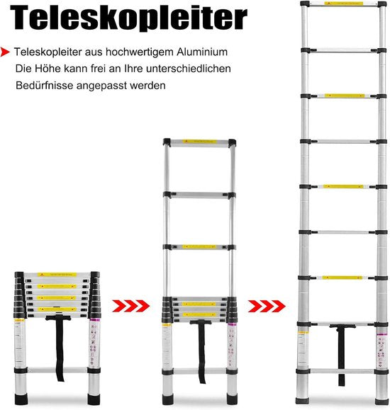 Telescopische Ladder - Telescopische Vouwladder - Werkhoogte - Aluminium - Geschikt voor Particulier en Professioneel Gebruik - Telescopische Vouwladder - Max. Belasting 150 kg
