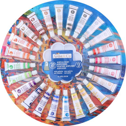 Artist & Co Acrylverf Schilderspaletb - 25 Kleuren - op waterbasis - Multikleur