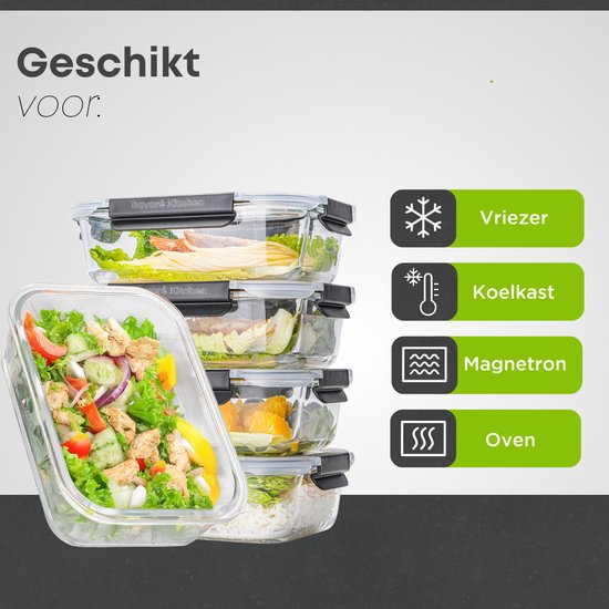Savoré Kitchen Vershoudbakjes Set - met Stoom Deksel - Meal Prep Bakjes - Diepvriesbakjes Glas - Luchtdicht - 5 Stuks - 1040 ML