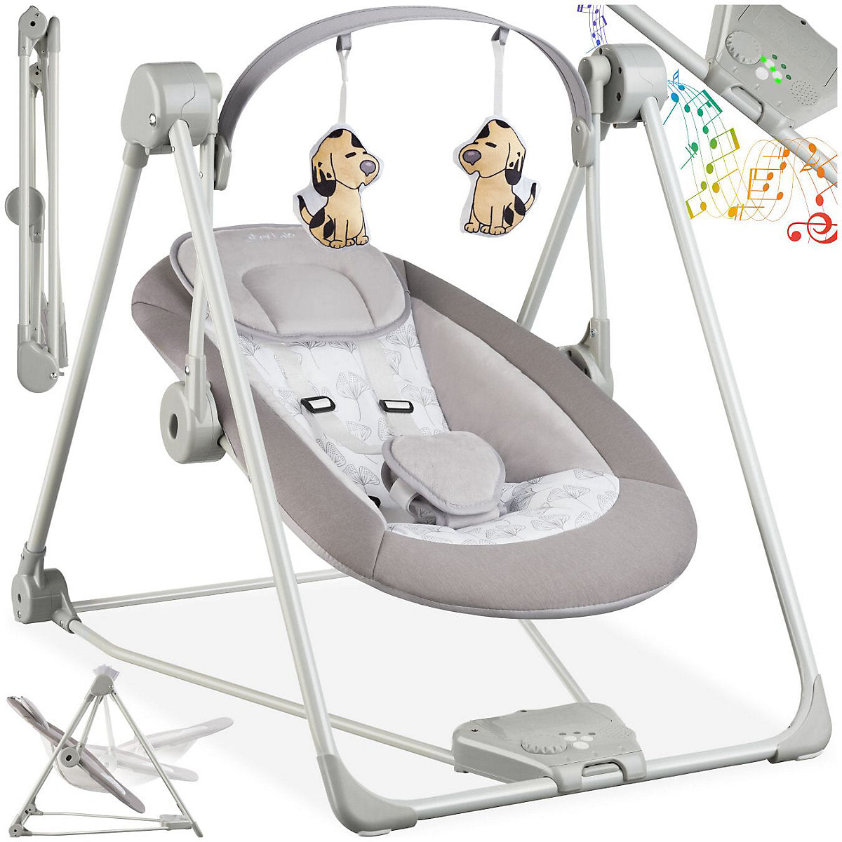 Tectake Babyschommel 75,5 x 56 x 68 cm - 5 Snelheden/Timer - 4 Geluiden - Lichtgrijs
