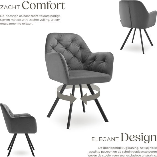 tectake® - Draaistoel in fluweellook - Eetkamerstoel met armleuningen - Ergonomische zitting en rugleuning - 180 graden draaibaar - Moderne stoel met stalen poten - Diverse kleuren - Antraciet