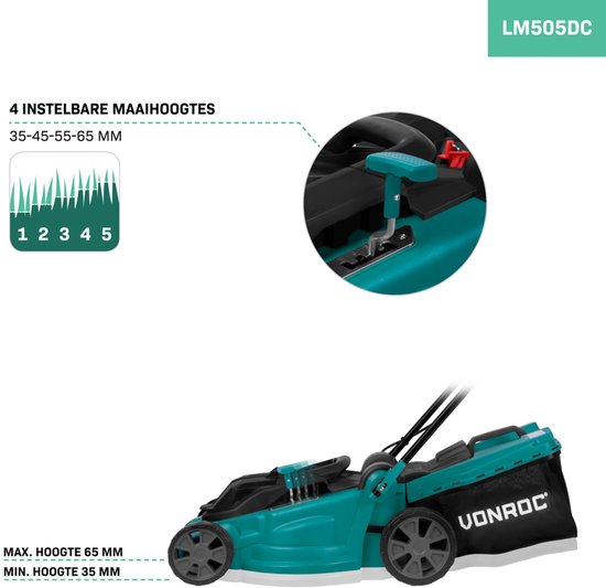 VONROC Accu Grasmaaier – 40V – 38 cm maaibreedte - Vier instelbare maaihoogtes: 35/45/55/65 mm - Incl. 45L Opvangbak - Excl. Accu’s en snellader