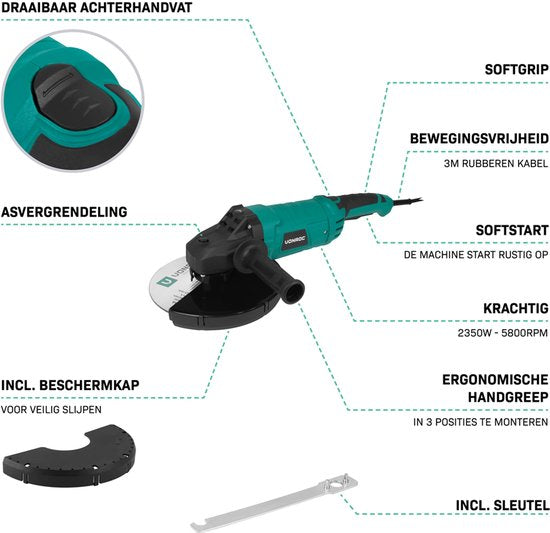 VONROC Haakse slijper 2350W – Ø230mm – 5800 tpm – Inc. zijhandgreep voor links- en rechtshandig gebruik – 3 meter rubberen kabel - excl. Slijpschijf