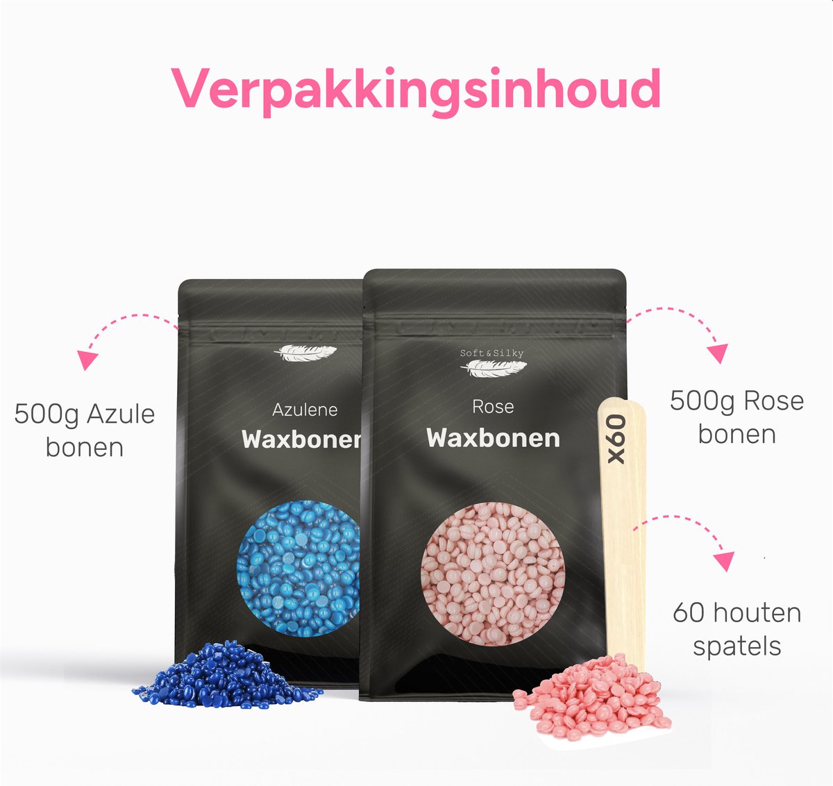 Soft & Silky Wax Beans 1 kg – Hard Wax Parels – Incl. 60 Spatels – Blauw of Roze – Voor Wax Apparaat